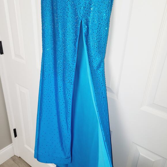 Sherri Hill Dress 00 Blue Prom Sequined Maxi High Slit Cut Out Lace Up Back - Picture 6 of 15
